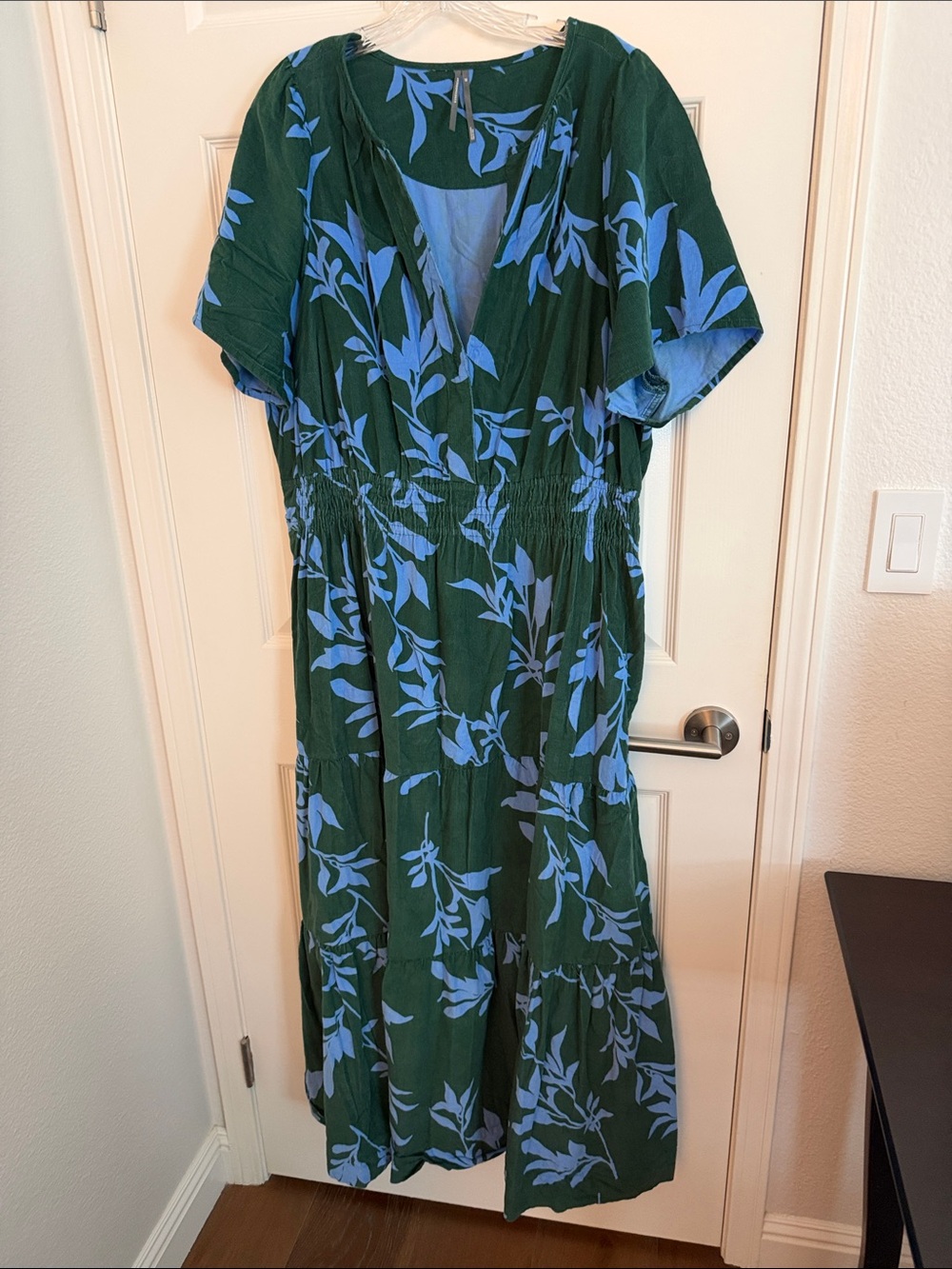 Anthropologie Green Maxi Dress with Blue Botanical Print